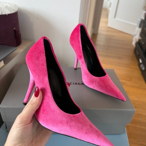 NWT Balenciaga Knife 100mm Pointed Toe Pumps Bright Pink Velvet Stilettos Sz 35 - Picture 5 of 9